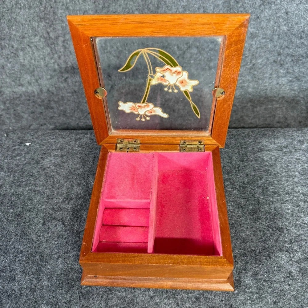 Vintage Wooden Musical Jewelry Box Pink‎ Velvet Lining Floral Painted Glass Lid